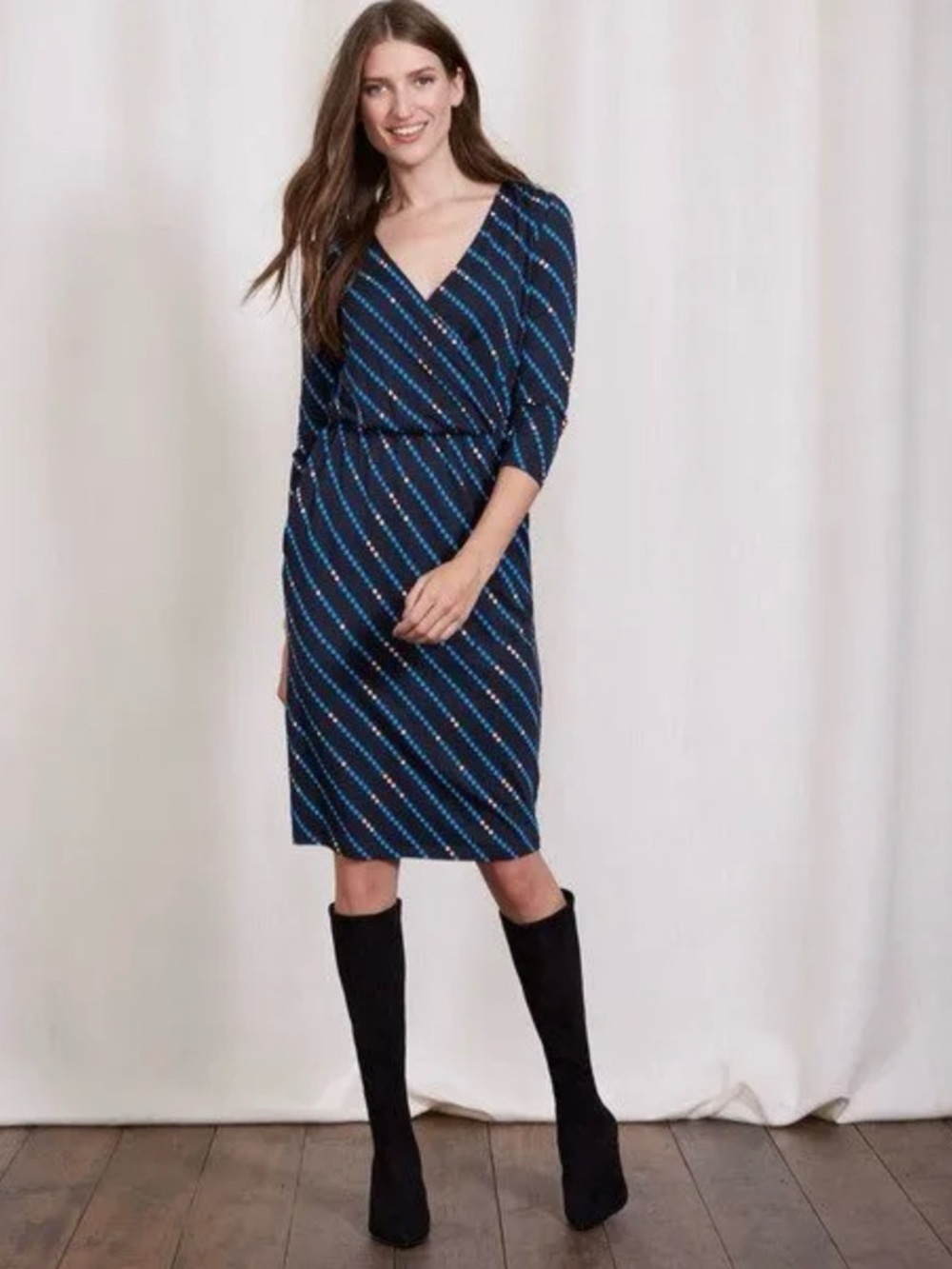 Boden Cressida Faux Wrap Dress Size 8R Blue Elastic Waist Pockets Modal Cotton